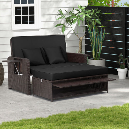 Patio Rattan Daybed with 4-Level Adjustable Backrest and Retractable Side Tray, Black Outdoor Sectionals Black at Gallery Canada