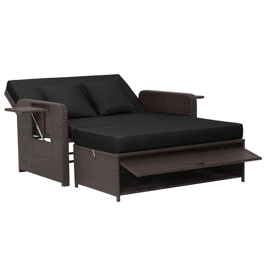 Patio Rattan Daybed with 4-Level Adjustable Backrest and Retractable Side Tray, Black Outdoor Sectionals Black at Gallery Canada