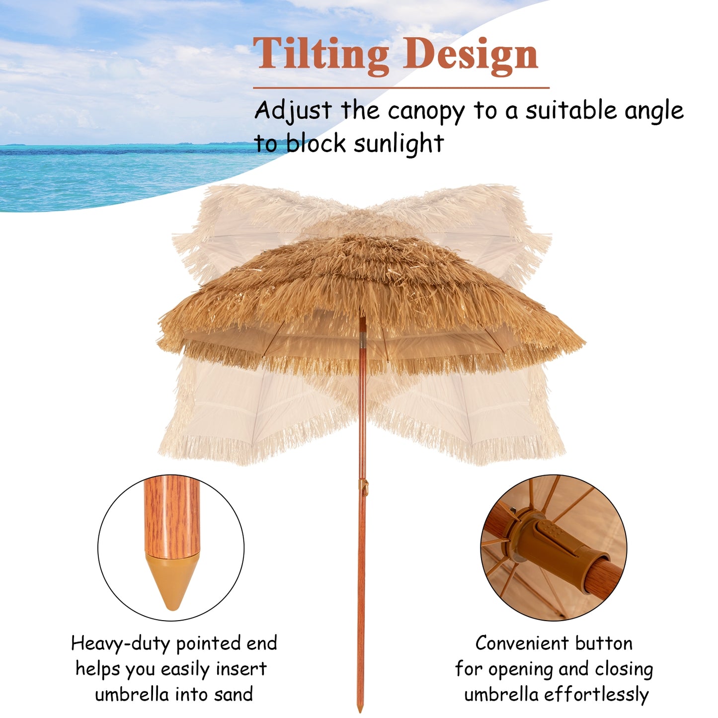 6.5 Feet Portable Thatched Tiki Beach Umbrella with Adjustable Tilt for Poolside and Backyard, Natural Outdoor Umbrellas at Gallery Canada