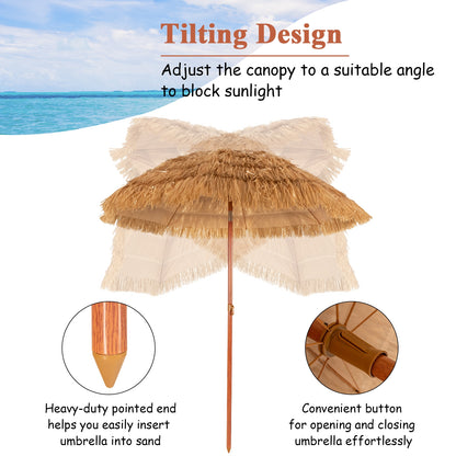6.5 Feet Portable Thatched Tiki Beach Umbrella with Adjustable Tilt for Poolside and Backyard, Natural Outdoor Umbrellas at Gallery Canada