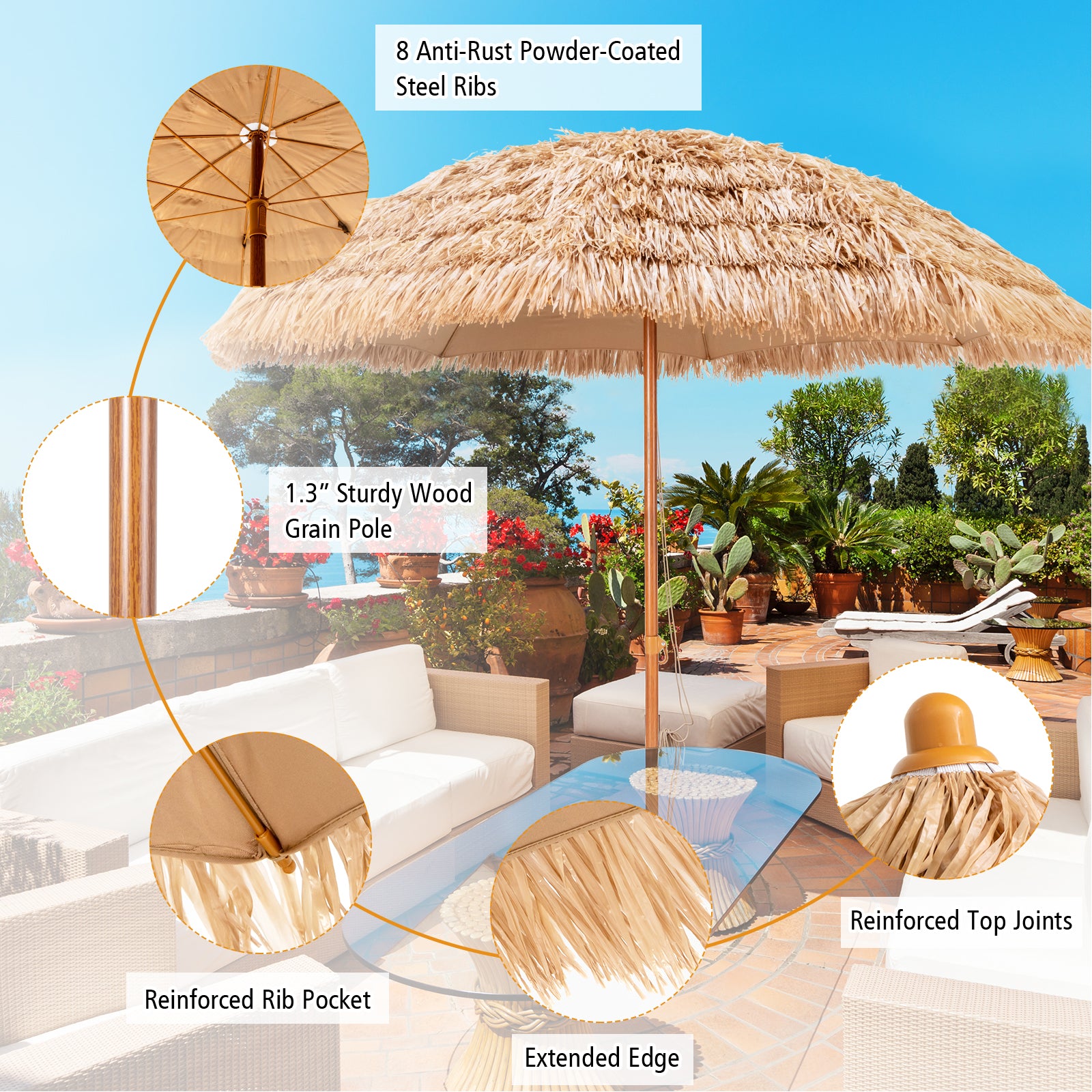 8 Feet Patio Thatched Tiki Umbrella Hawaiian Hula Beach Umbrella, Natural Outdoor Umbrellas at Gallery Canada