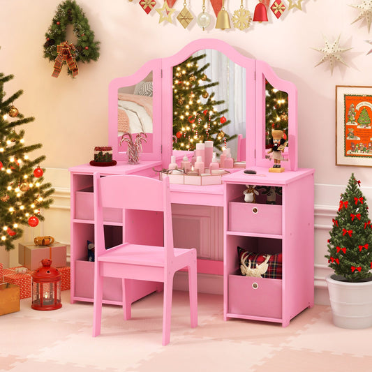 Kids Vanity Table and Chair Set with Removable Mirrors and 4 Storage Bins, Pink - Gallery Canada