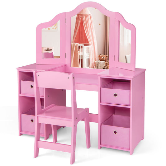 Kids Vanity Table and Chair Set with Removable Mirrors and 4 Storage Bins, Pink - Gallery Canada