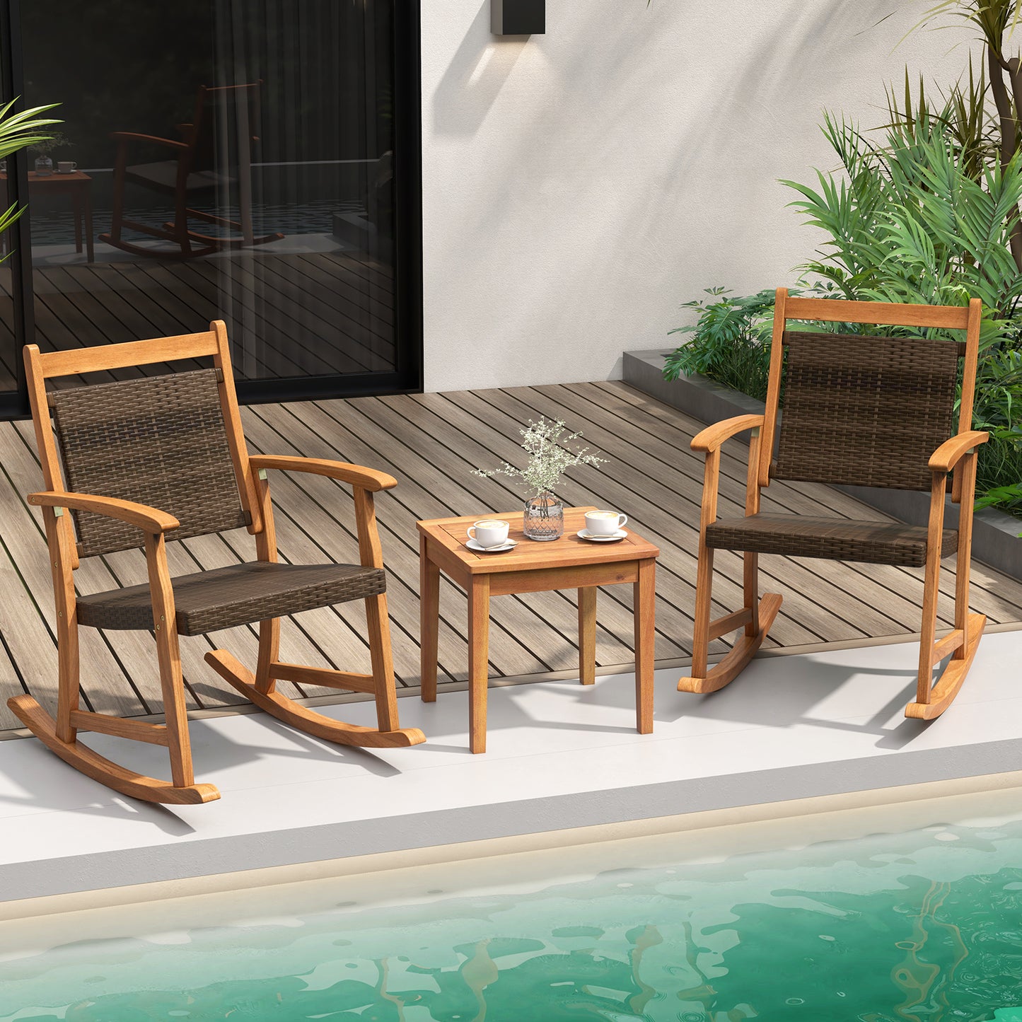 3 Pieces Acacia Wood Patio Rocking Chair Set with Side Table, Brown Patio Conversation Sets at Gallery Canada