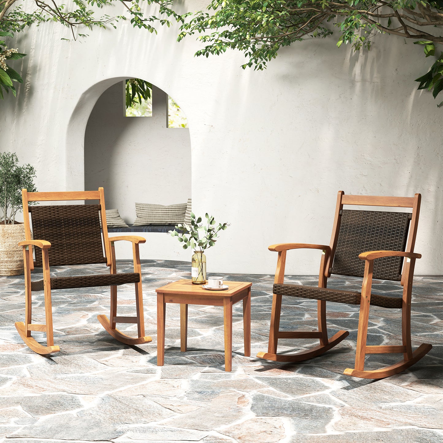 3 Pieces Acacia Wood Patio Rocking Chair Set with Side Table, Brown Patio Conversation Sets at Gallery Canada