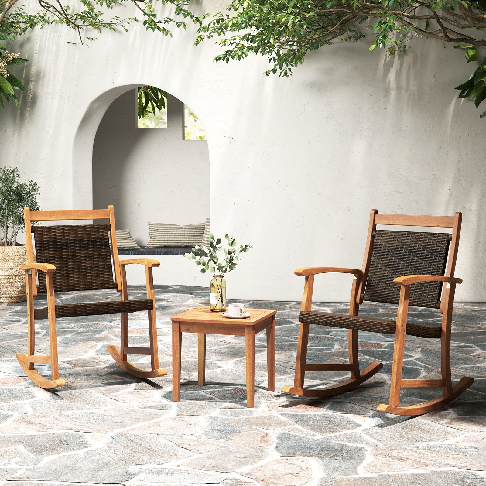 3 Pieces Acacia Wood Patio Rocking Chair Set with Side Table, Brown Patio Conversation Sets at Gallery Canada