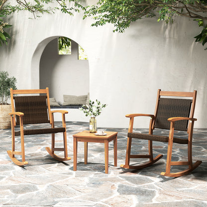 3 Pieces Acacia Wood Patio Rocking Chair Set with Side Table, Brown Patio Conversation Sets at Gallery Canada
