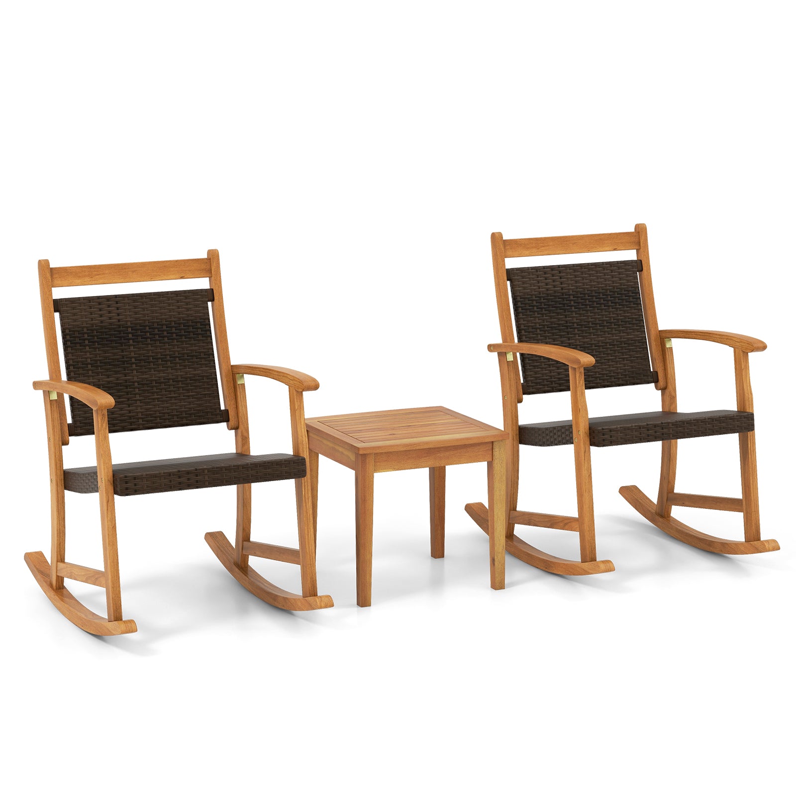 3 Pieces Acacia Wood Patio Rocking Chair Set with Side Table, Brown Patio Conversation Sets Brown at Gallery Canada
