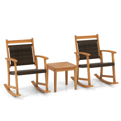3 Pieces Acacia Wood Patio Rocking Chair Set with Side Table, Brown Patio Conversation Sets at Gallery Canada