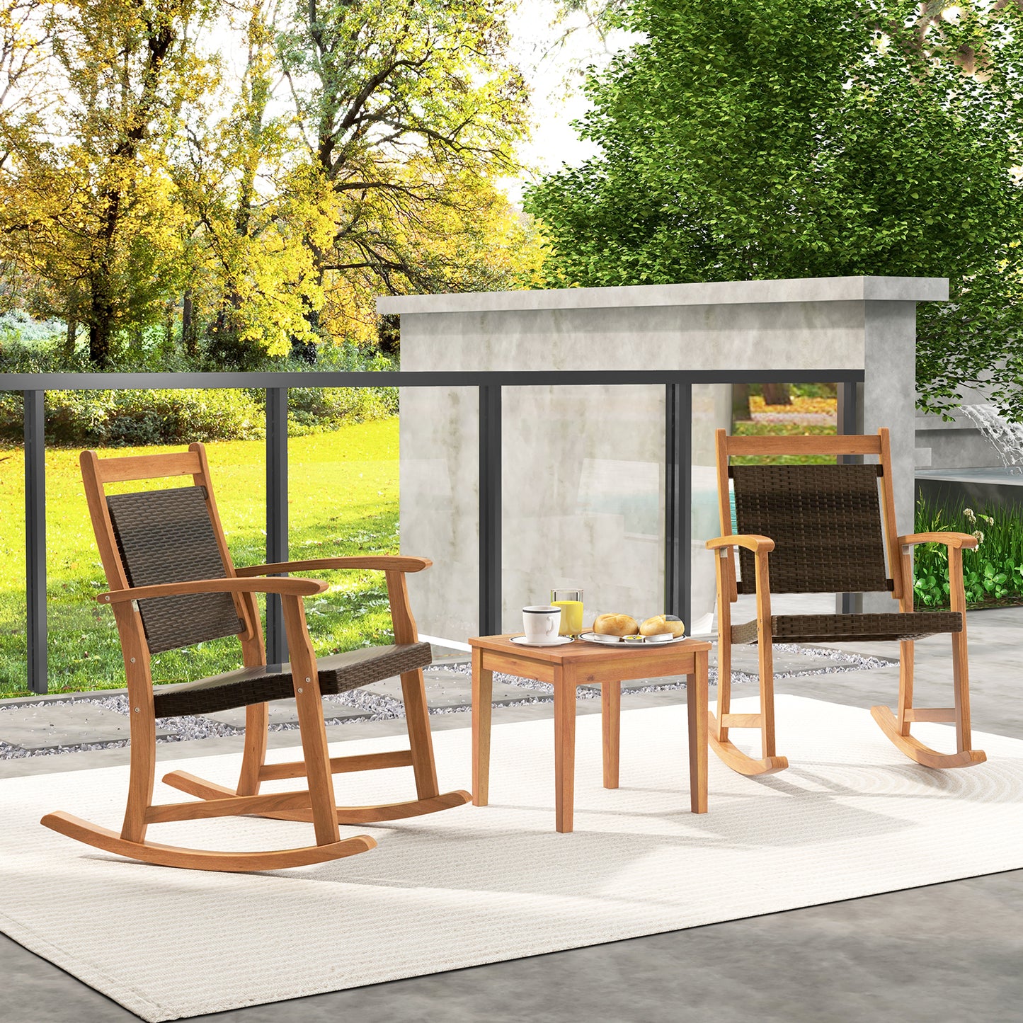 3 Pieces Acacia Wood Patio Rocking Chair Set with Side Table, Brown Patio Conversation Sets at Gallery Canada