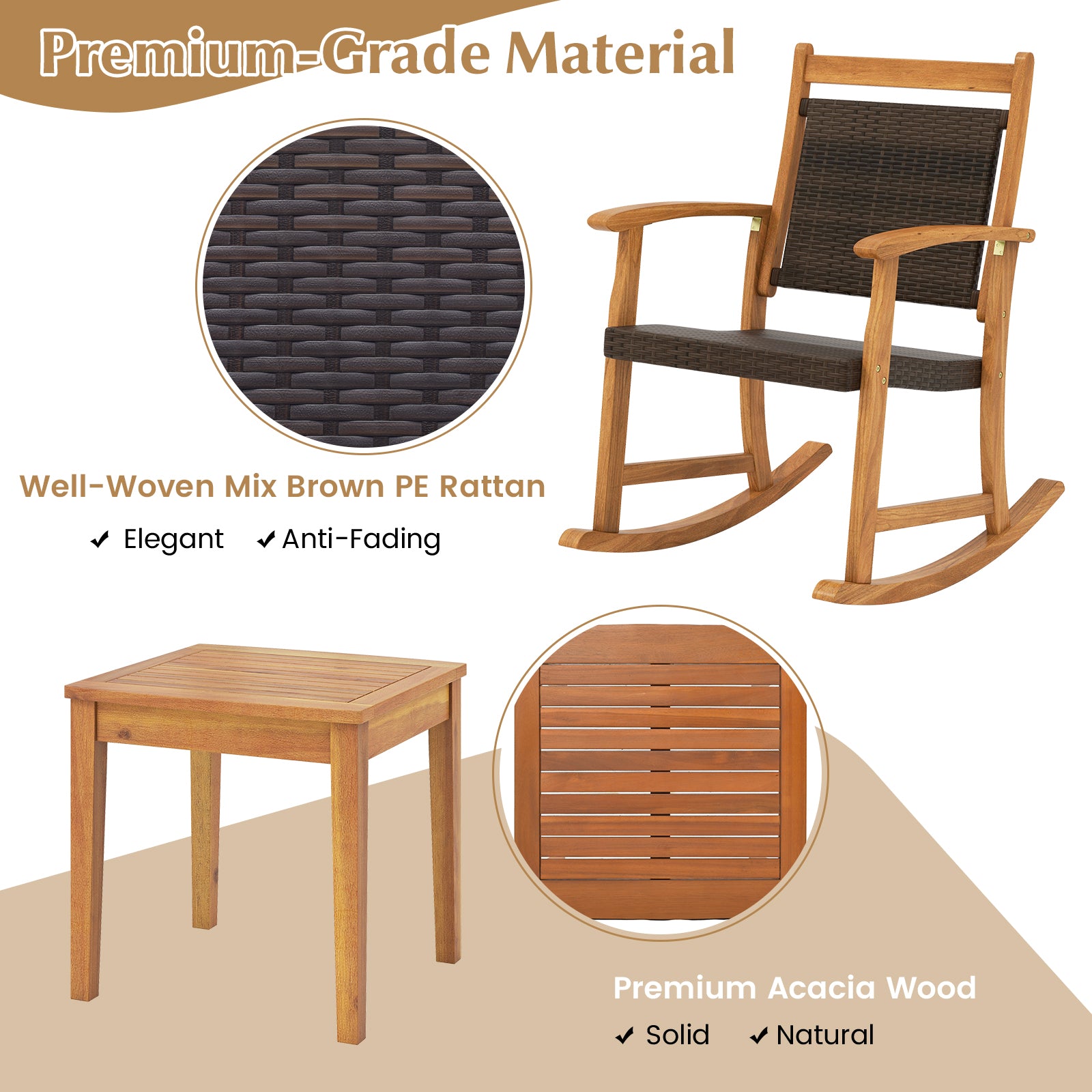 3 Pieces Acacia Wood Patio Rocking Chair Set with Side Table, Brown Patio Conversation Sets at Gallery Canada