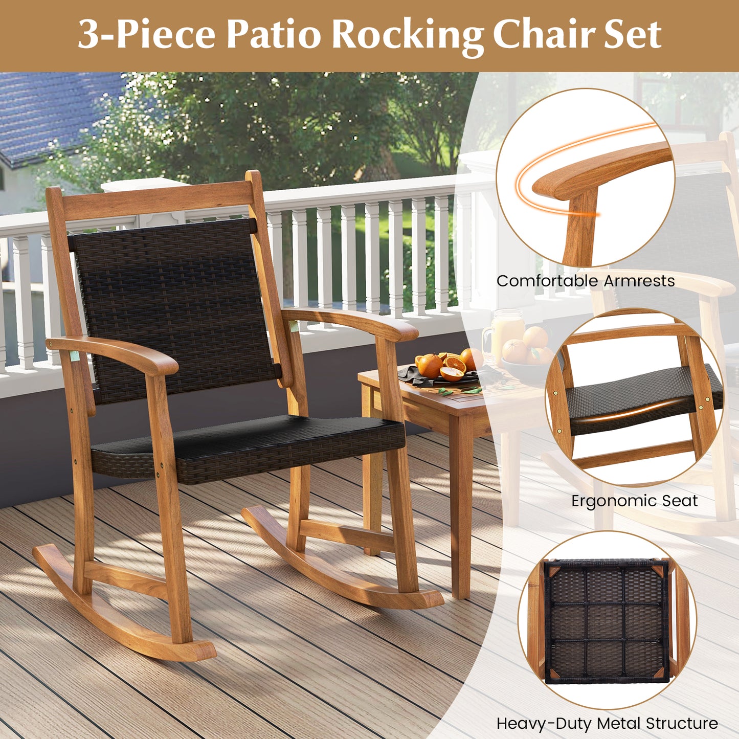 3 Pieces Acacia Wood Patio Rocking Chair Set with Side Table, Brown Patio Conversation Sets at Gallery Canada