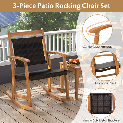 3 Pieces Acacia Wood Patio Rocking Chair Set with Side Table, Brown Patio Conversation Sets at Gallery Canada