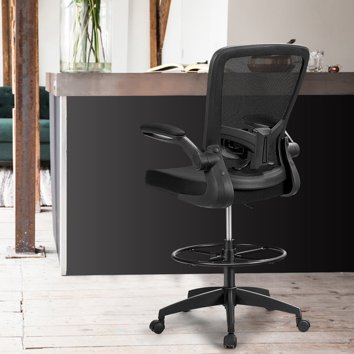 Height Adjustable Drafting Chair, Flip Up Arms, Black Mesh Chairs at Gallery Canada