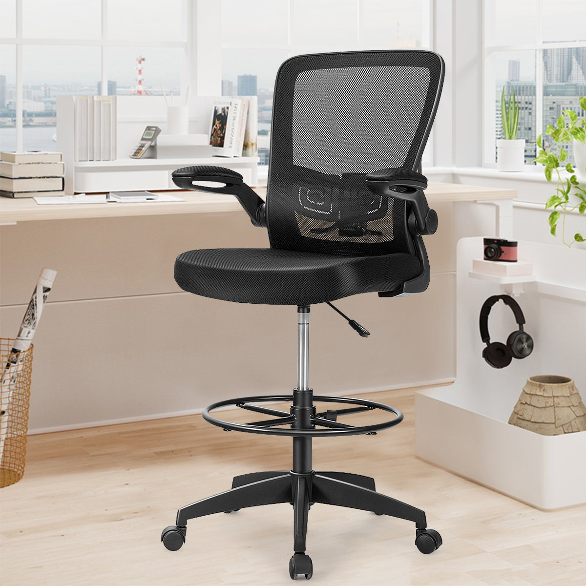 Height Adjustable Drafting Chair, Flip Up Arms, Black Mesh Chairs at Gallery Canada