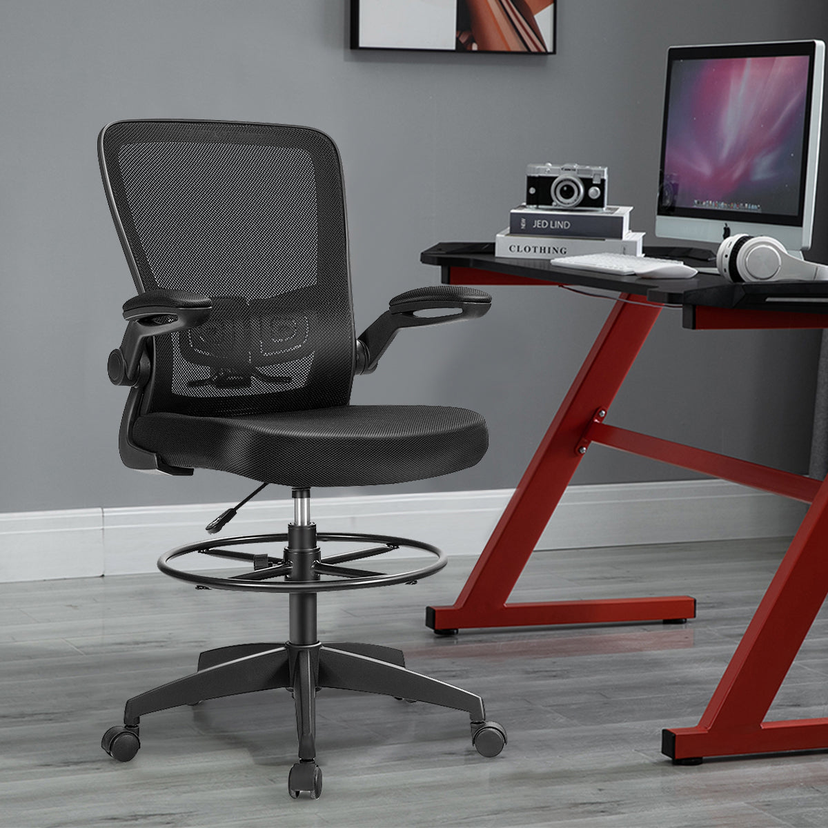 Height Adjustable Drafting Chair, Flip Up Arms, Black Mesh Chairs at Gallery Canada