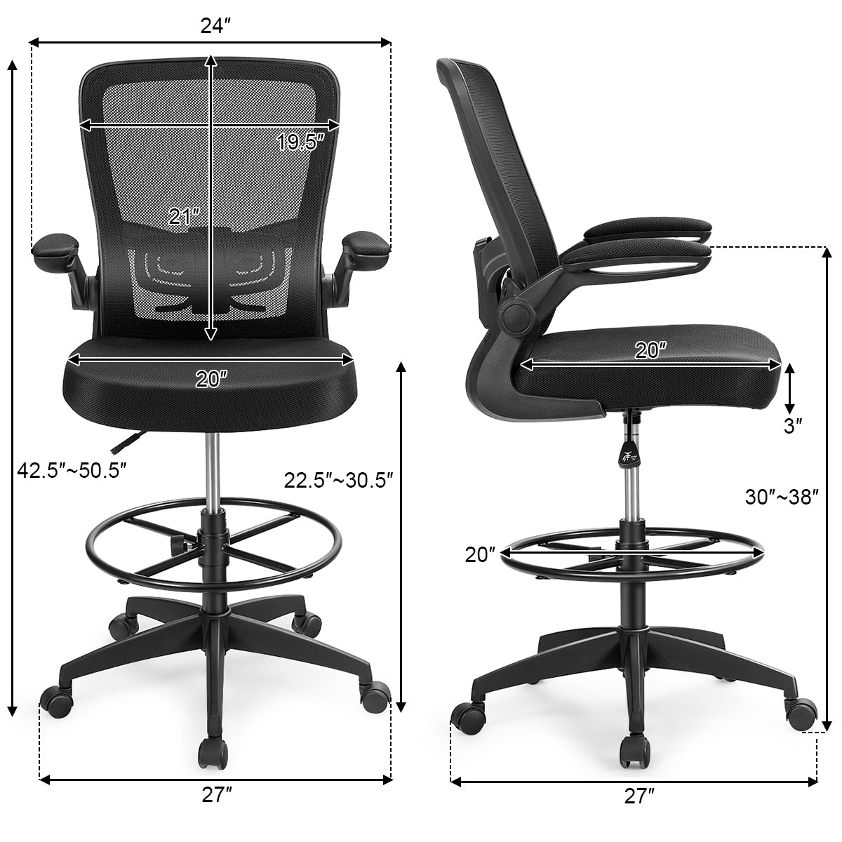 Height Adjustable Drafting Chair, Flip Up Arms, Black Mesh Chairs at Gallery Canada