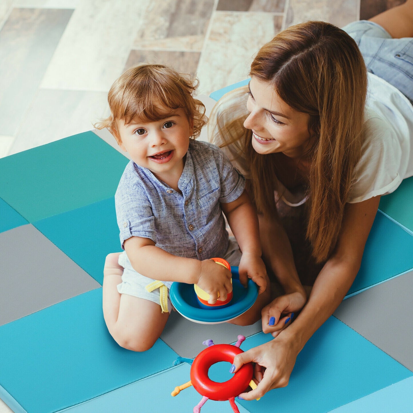 58 Inch Toddler Foam Play Mat Baby Folding Activity Floor Mat, Light Blue Baby Gyms & Playmats at Gallery Canada