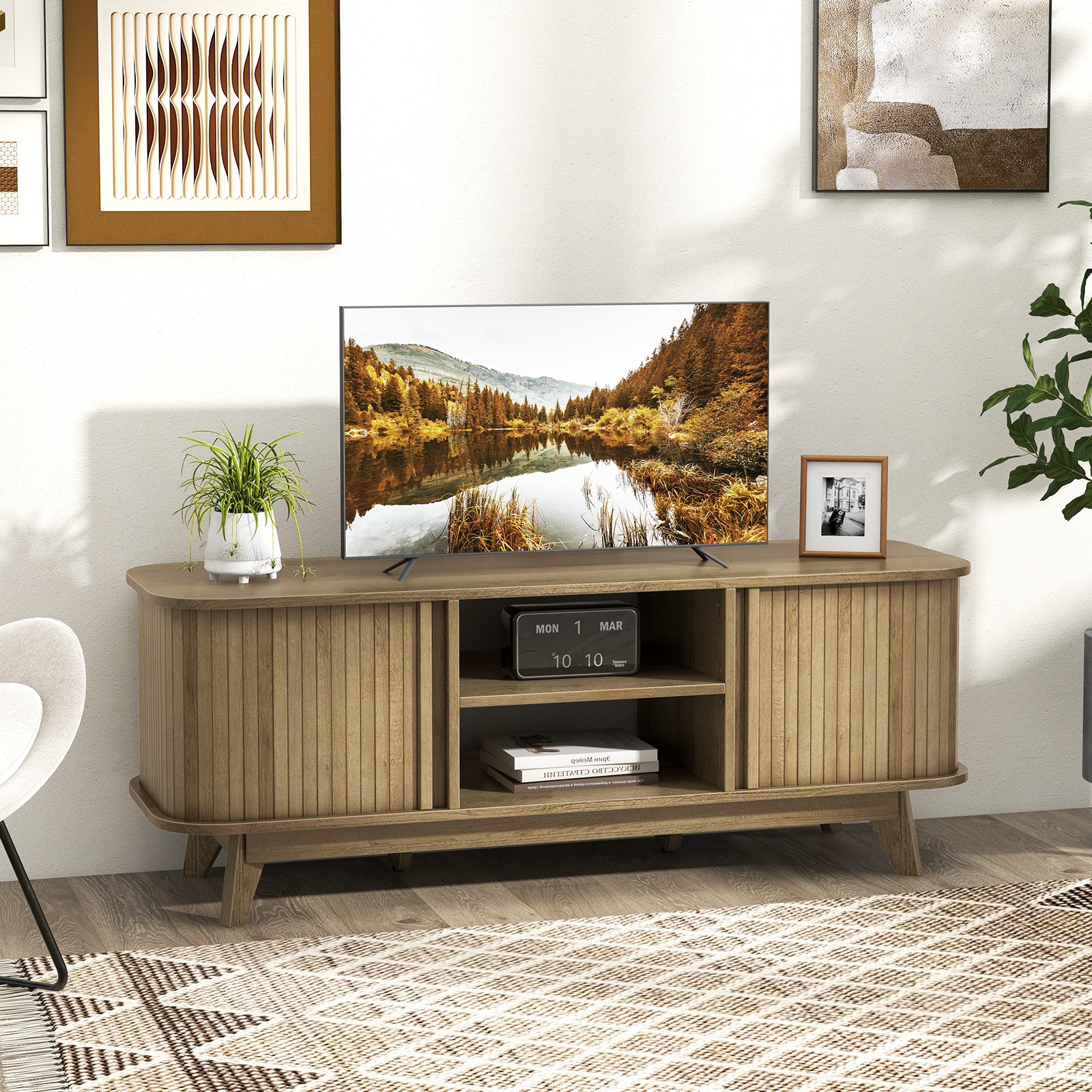 TV Stand for 55-Inch TV Media Console Table with Dual Sliding Doors, Oak Entertainment Centers & TV Stands at Gallery Canada