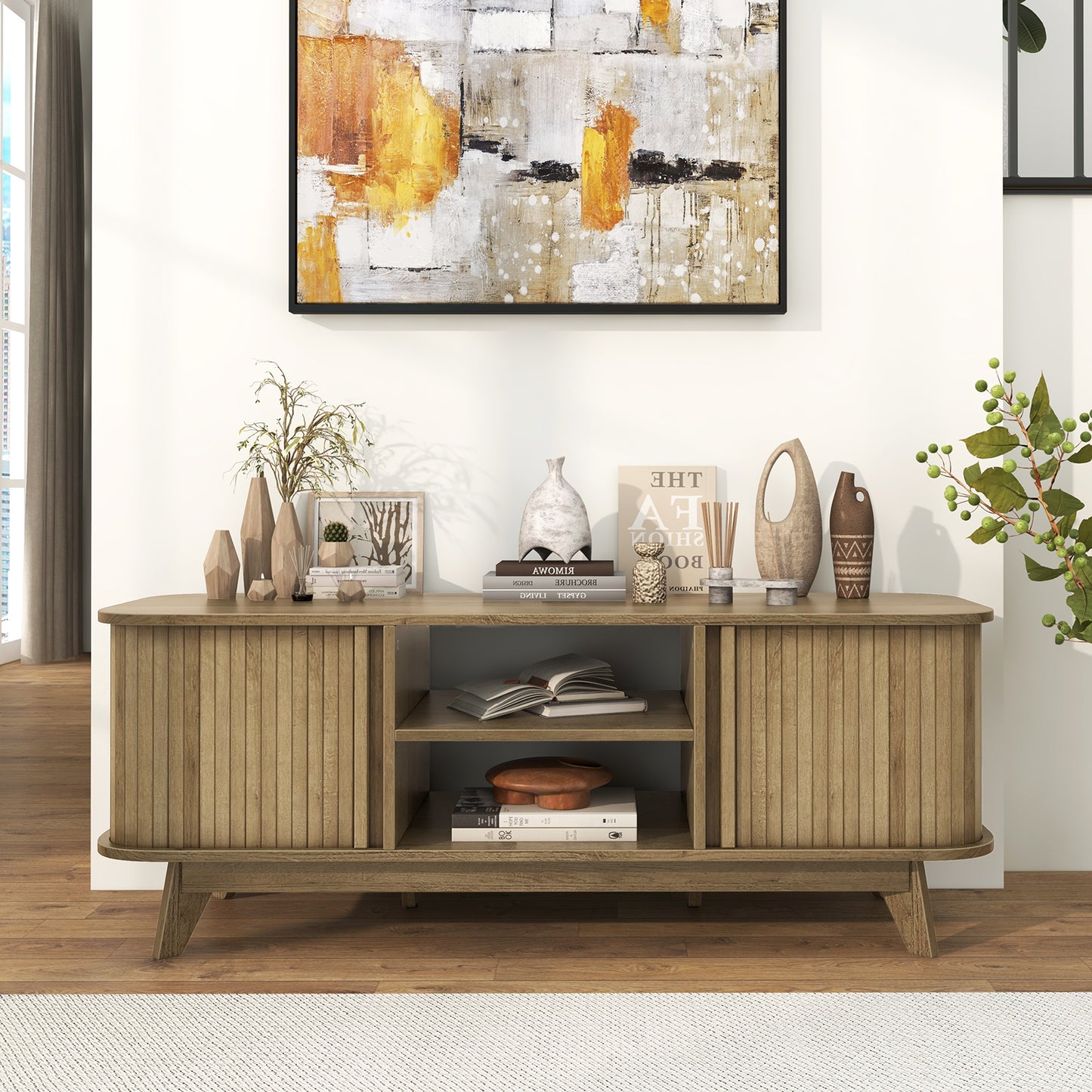 TV Stand for 55-Inch TV Media Console Table with Dual Sliding Doors, Oak Entertainment Centers & TV Stands at Gallery Canada