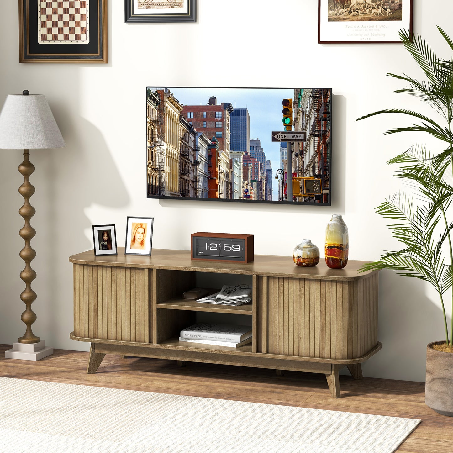 TV Stand for 55-Inch TV Media Console Table with Dual Sliding Doors, Oak Entertainment Centers & TV Stands at Gallery Canada