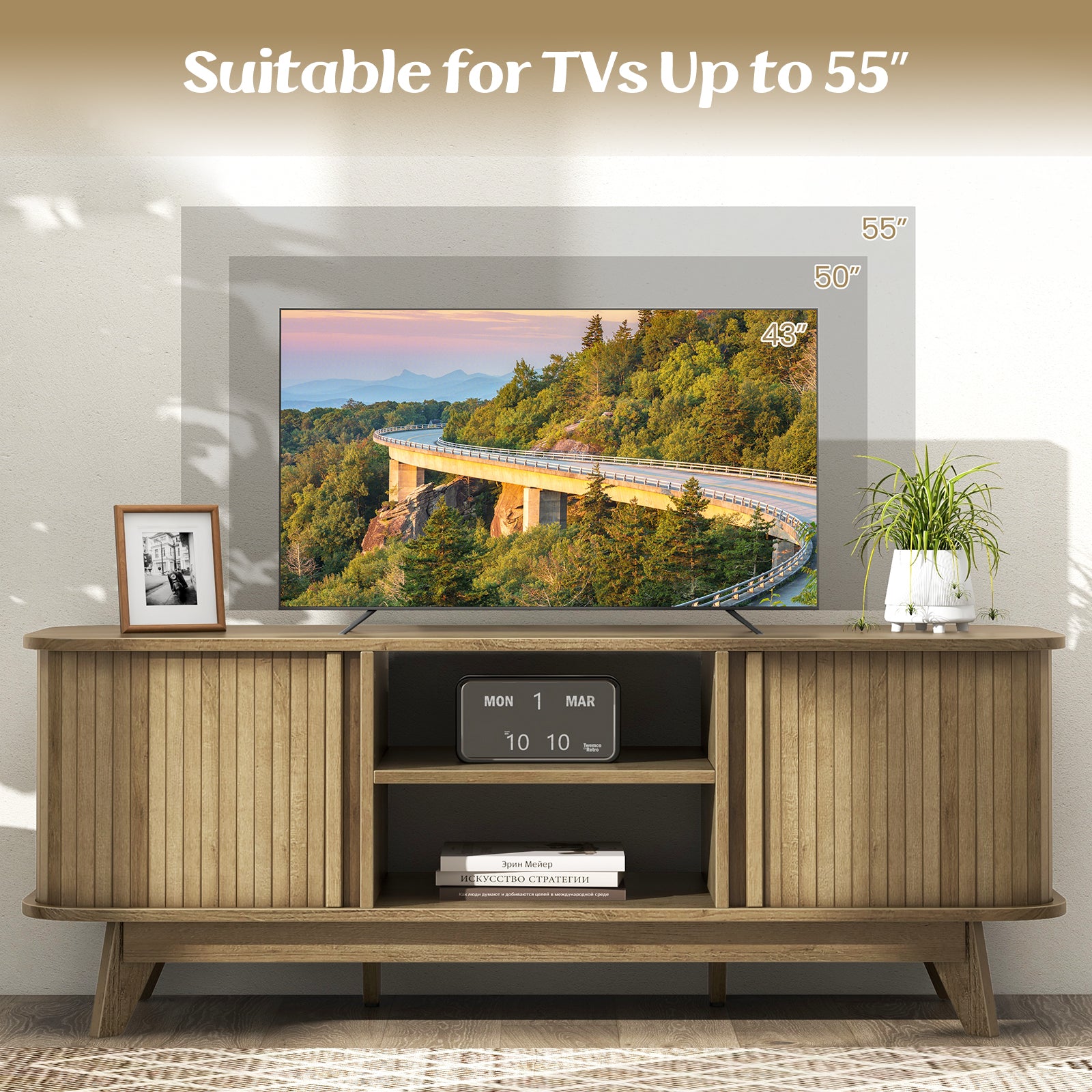 TV Stand for 55-Inch TV Media Console Table with Dual Sliding Doors, Oak Entertainment Centers & TV Stands at Gallery Canada