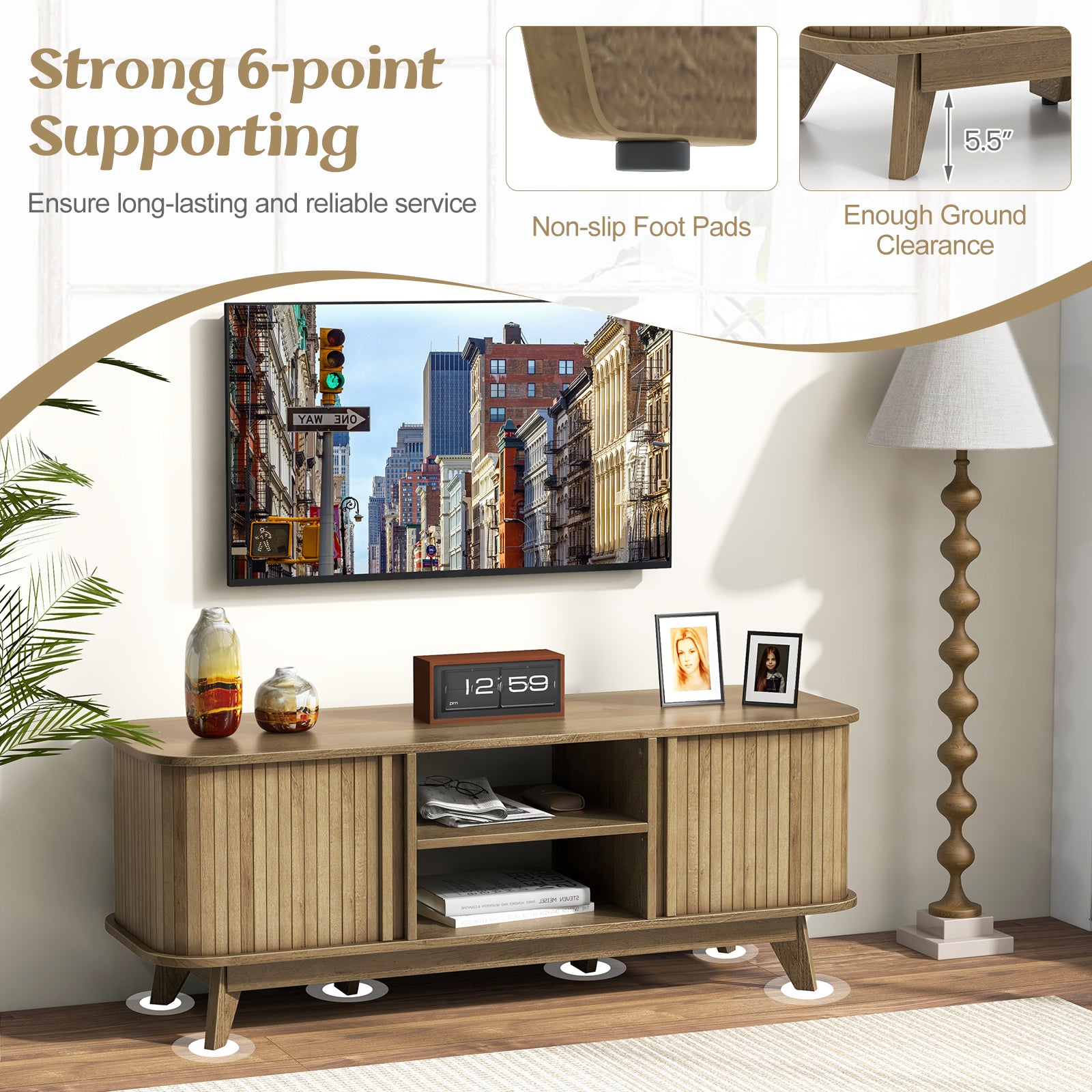 TV Stand for 55-Inch TV Media Console Table with Dual Sliding Doors, Oak Entertainment Centers & TV Stands at Gallery Canada