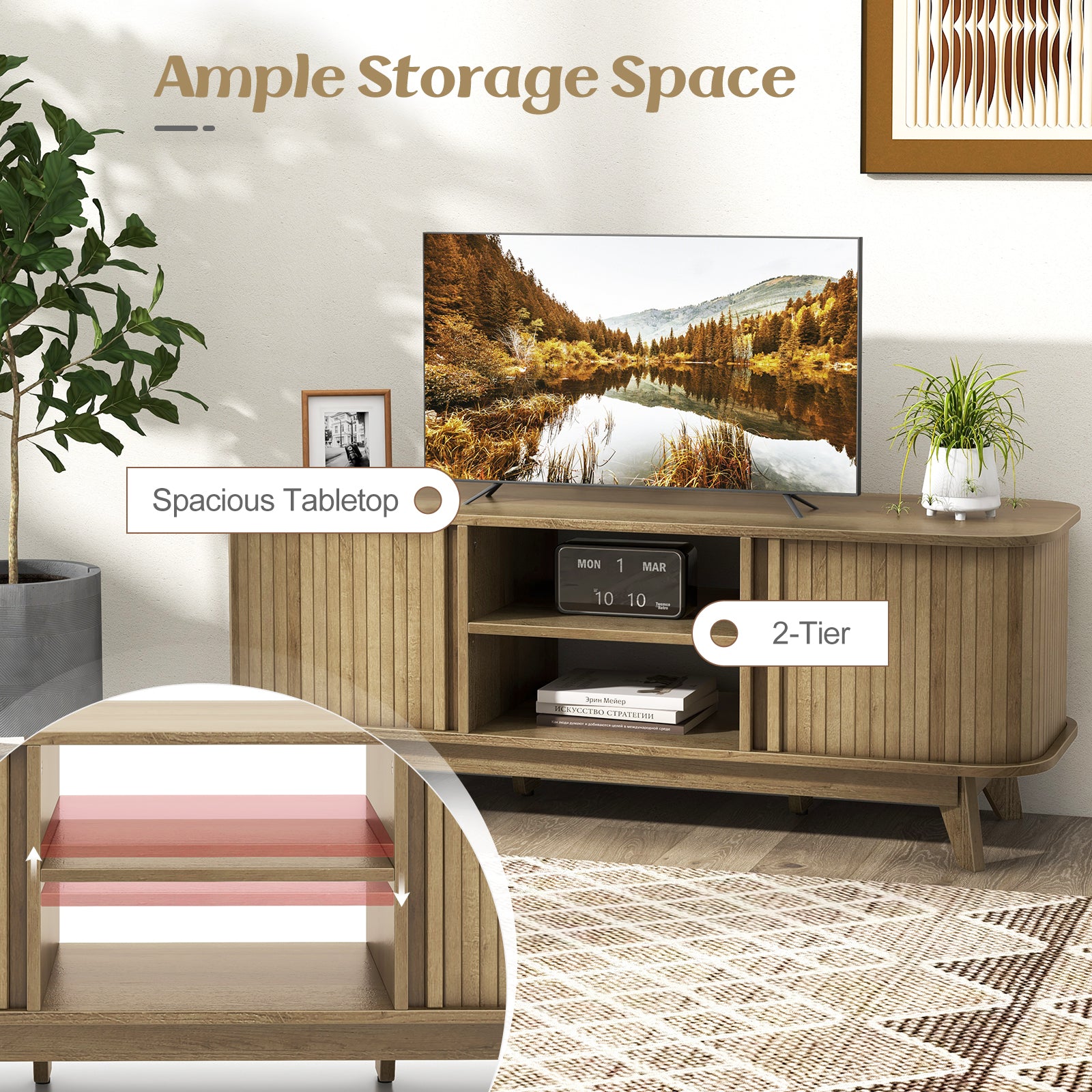 TV Stand for 55-Inch TV Media Console Table with Dual Sliding Doors, Oak Entertainment Centers & TV Stands at Gallery Canada