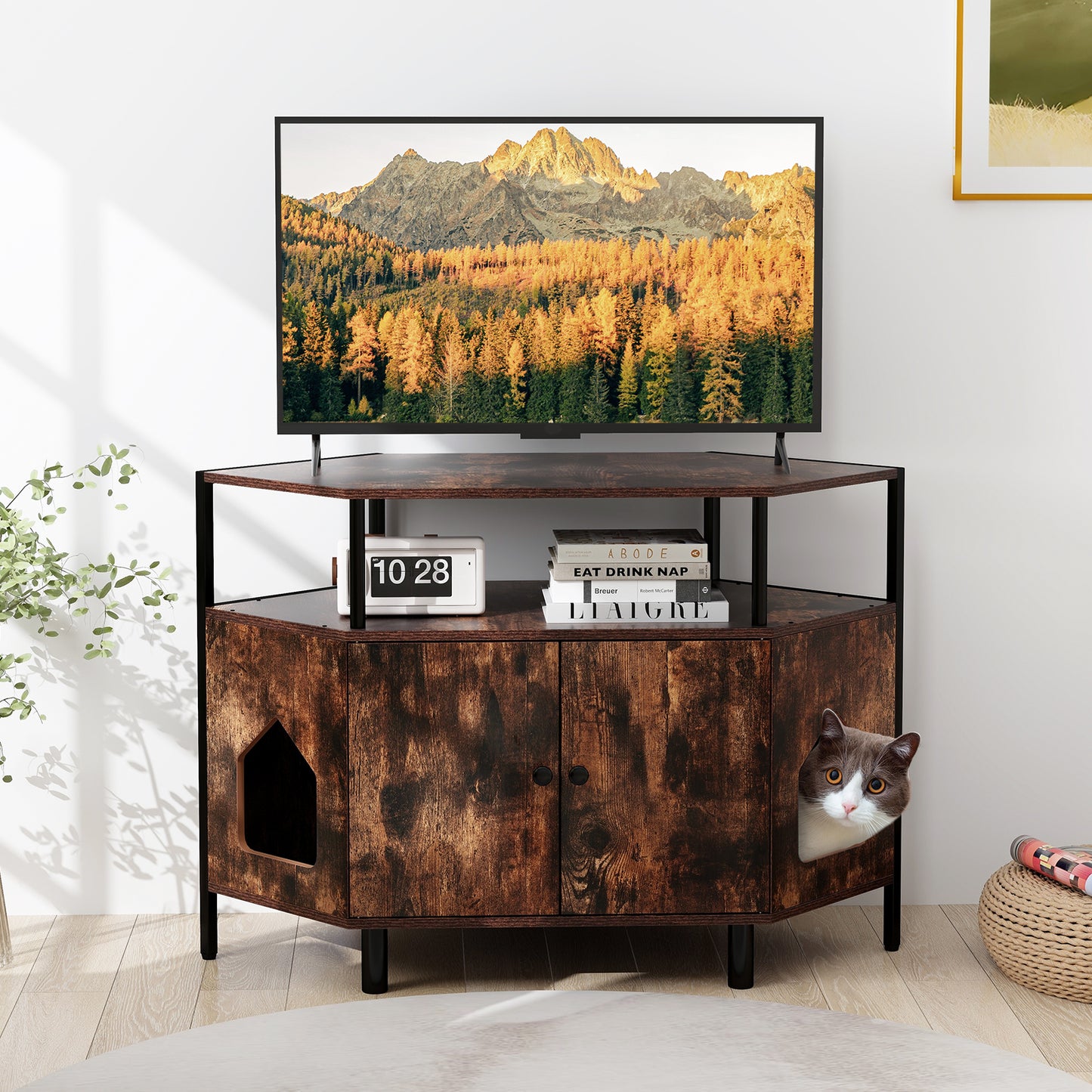 Corner Cat Litter Box Enclosure with Open Shelf 2 Entrances and Metal Legs, Rustic Brown Cat Houses at Gallery Canada