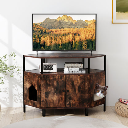 Corner Cat Litter Box Enclosure with Open Shelf 2 Entrances and Metal Legs, Rustic Brown Cat Houses at Gallery Canada