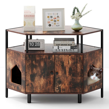 Corner Cat Litter Box Enclosure, 2 Entrances, Open Shelf, Rustic Brown Cat Houses at Gallery Canada