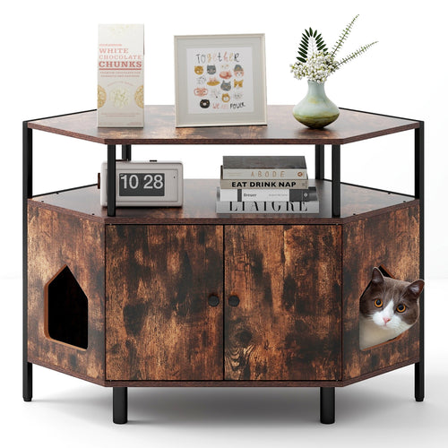 Corner Cat Litter Box Enclosure with Open Shelf 2 Entrances and Metal Legs, Rustic Brown