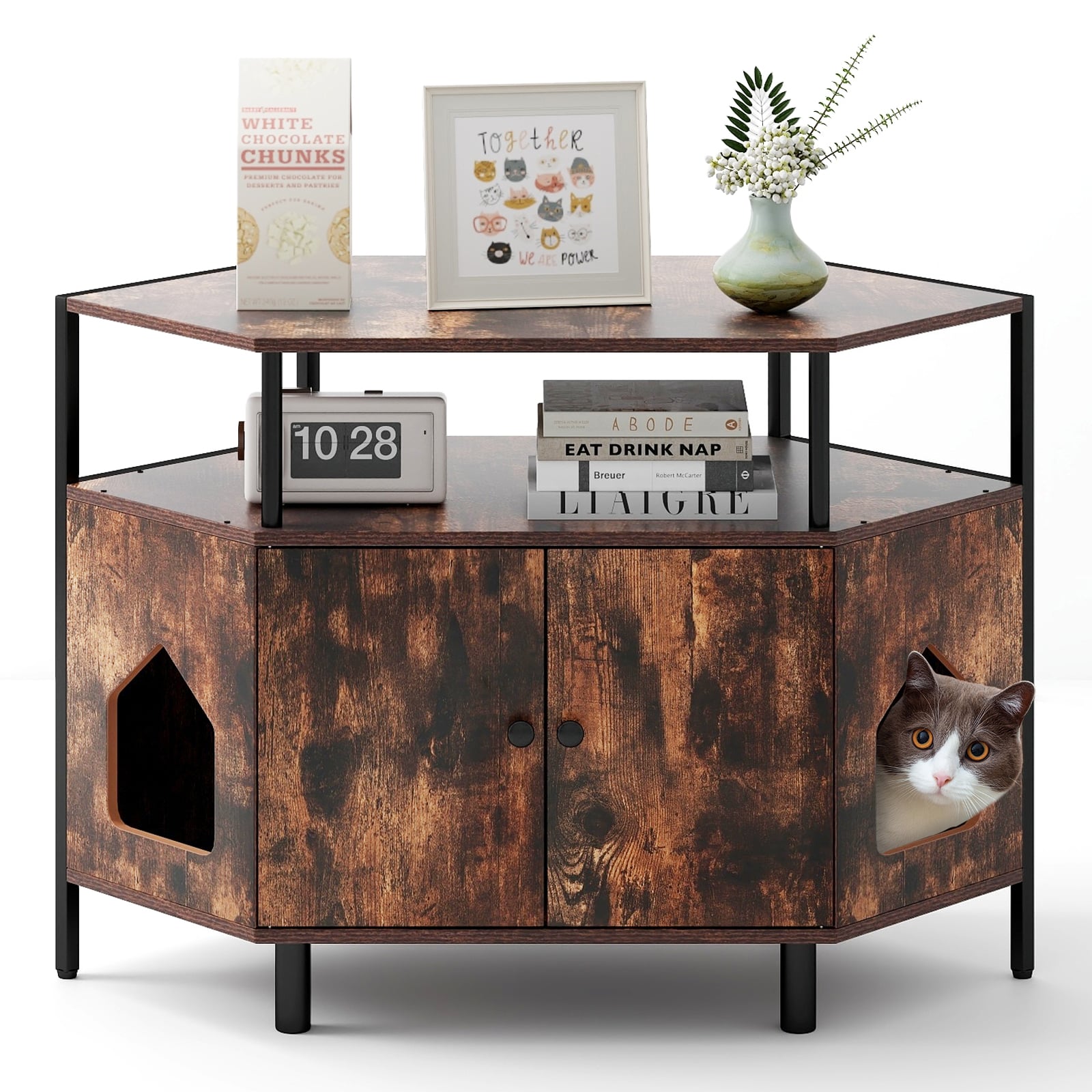 Corner Cat Litter Box Enclosure, 2 Entrances, Open Shelf, Rustic Brown Cat Houses at Gallery Canada