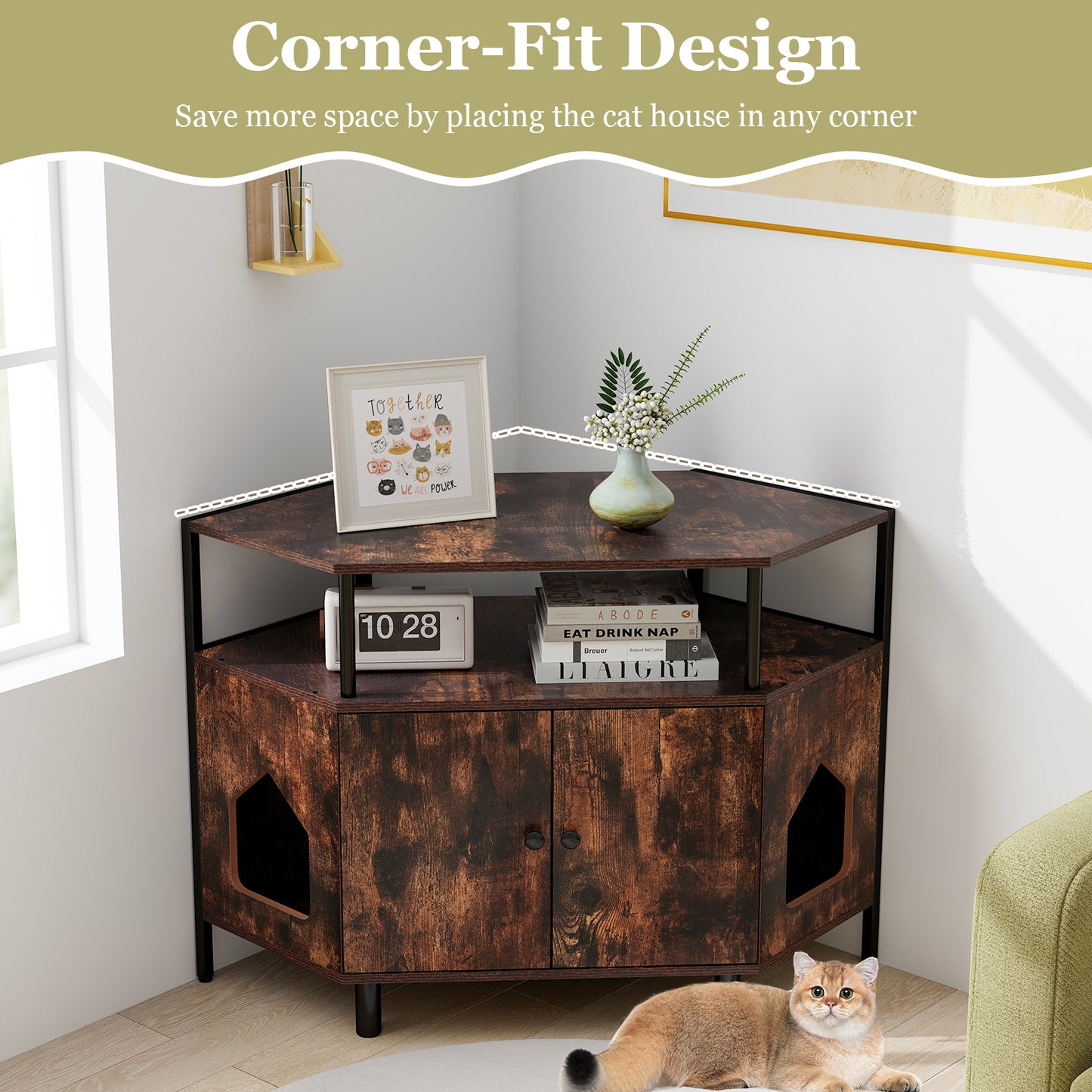 Corner Cat Litter Box Enclosure with Open Shelf 2 Entrances and Metal Legs, Rustic Brown Cat Houses at Gallery Canada