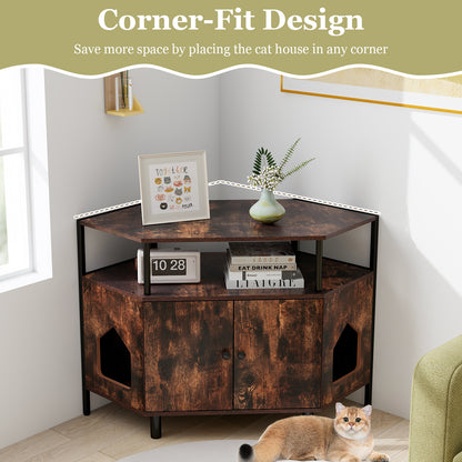 Corner Cat Litter Box Enclosure with Open Shelf 2 Entrances and Metal Legs, Rustic Brown Cat Houses at Gallery Canada