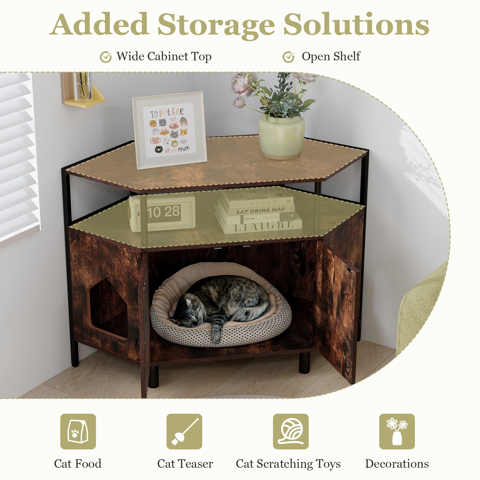 Corner Cat Litter Box Enclosure with Open Shelf 2 Entrances and Metal Legs, Rustic Brown Cat Houses at Gallery Canada