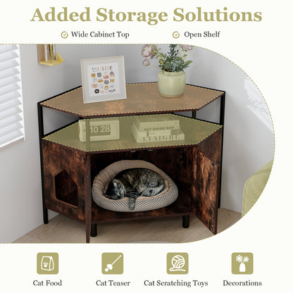 Corner Cat Litter Box Enclosure with Open Shelf 2 Entrances and Metal Legs, Rustic Brown Cat Houses at Gallery Canada