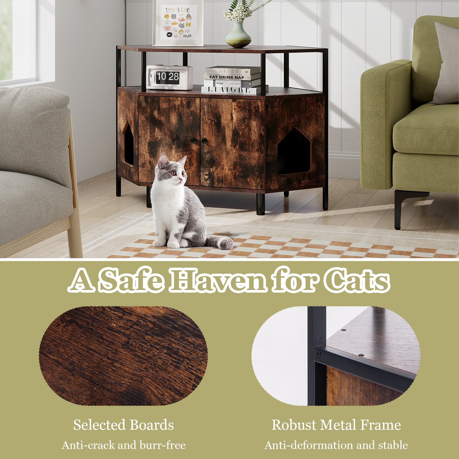 Corner Cat Litter Box Enclosure with Open Shelf 2 Entrances and Metal Legs, Rustic Brown Cat Houses at Gallery Canada