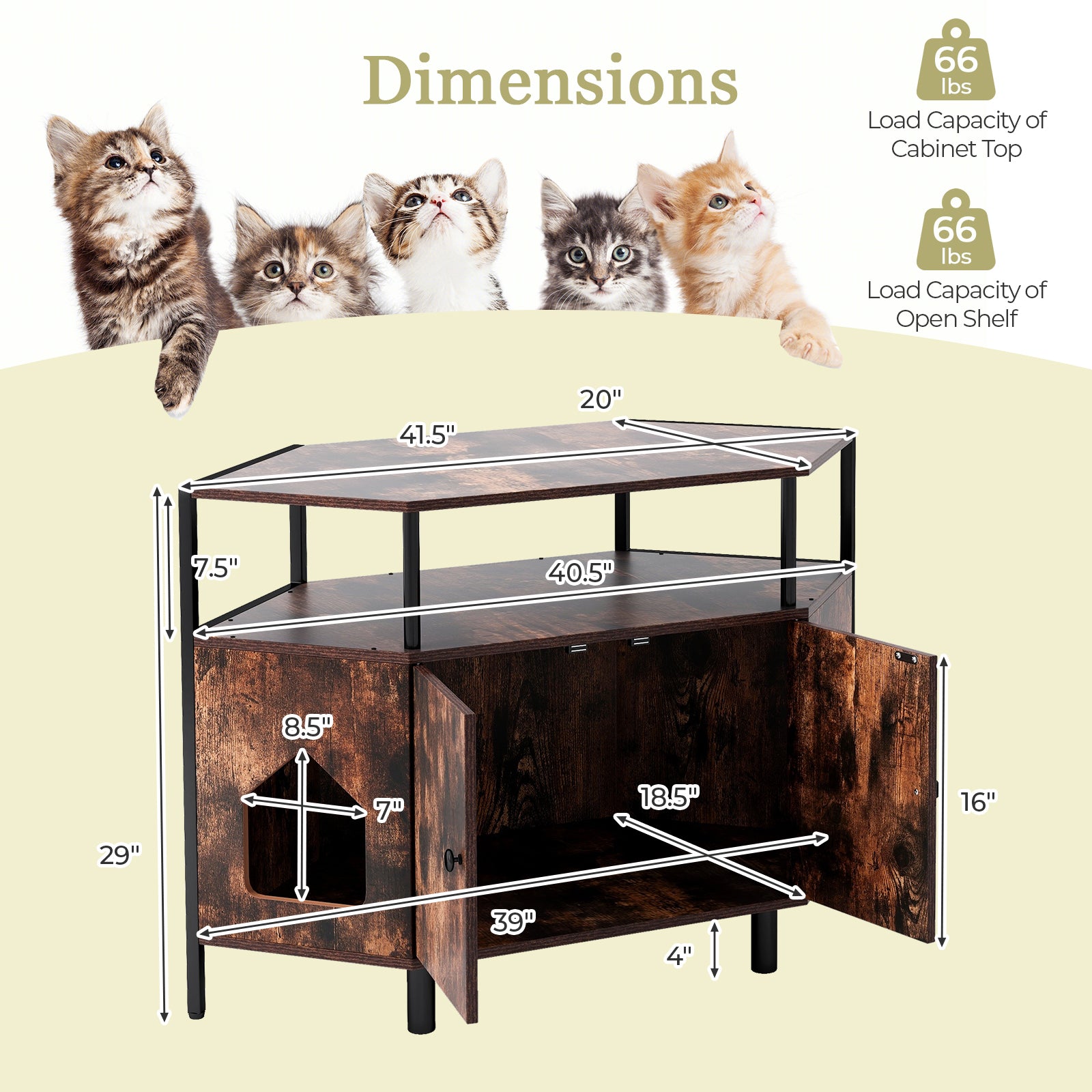 Corner Cat Litter Box Enclosure with Open Shelf 2 Entrances and Metal Legs, Rustic Brown Cat Houses at Gallery Canada