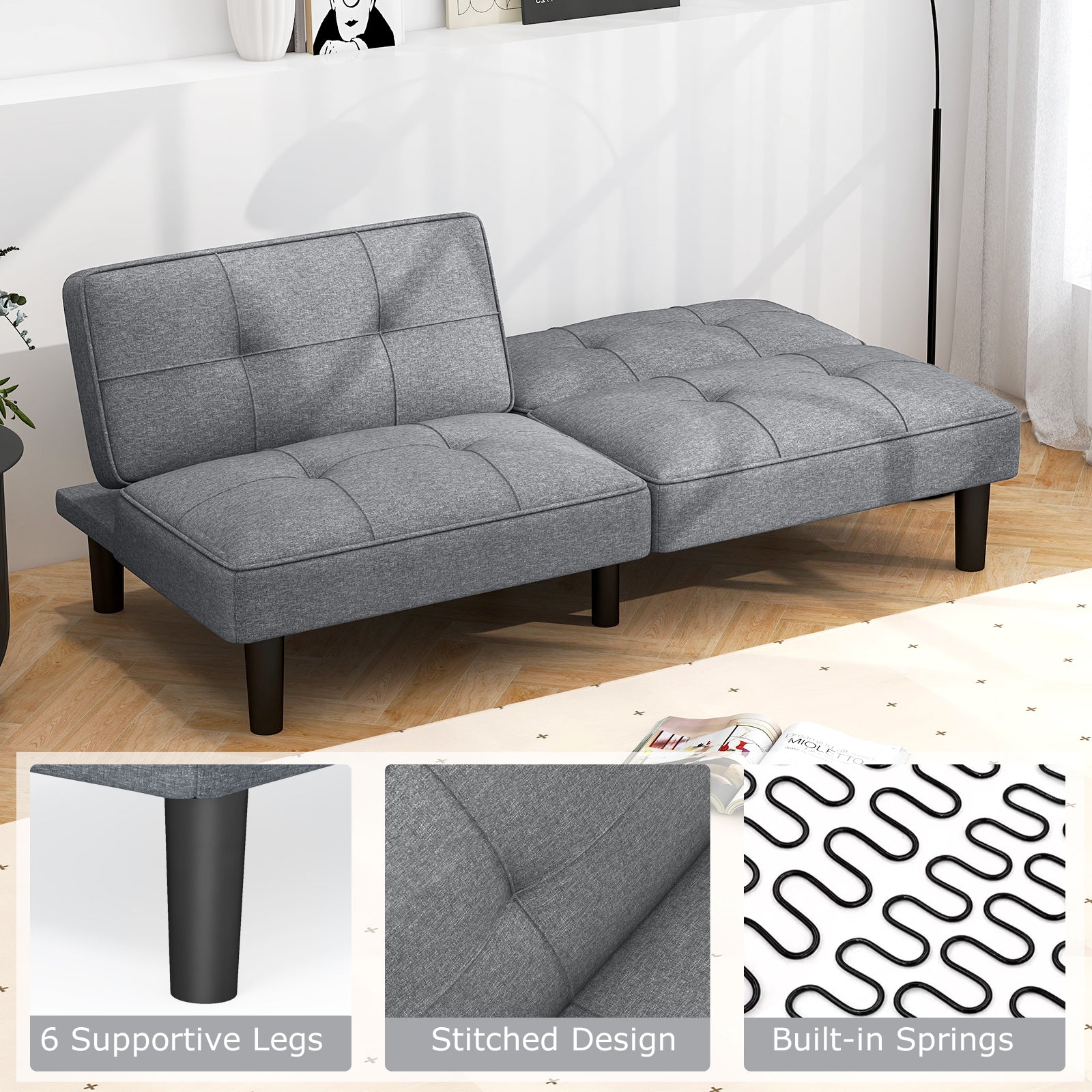 Convertible Folding Futon Sofa Bed with 6-Position Adjustable Backrest, Gray Sofas & Loveseats at Gallery Canada