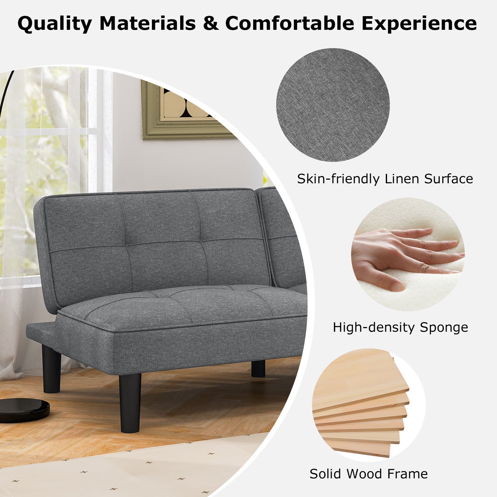 Convertible Folding Futon Sofa Bed with 6-Position Adjustable Backrest, Gray Sofas & Loveseats at Gallery Canada