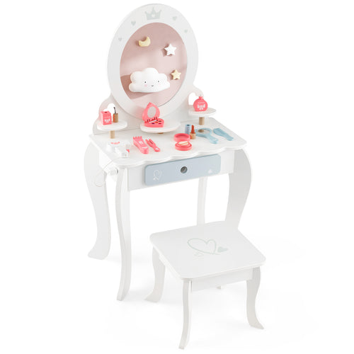 Kids 2-in-1 Princess Makeup Table and Chair Set with Removable Mirror, White