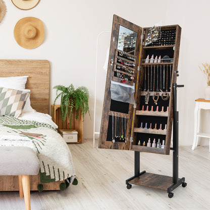 Armoire à bijoux avec miroir LED 46, hauteur réglable, marron