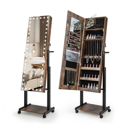 Armoire à bijoux avec miroir LED 46, hauteur réglable, marron