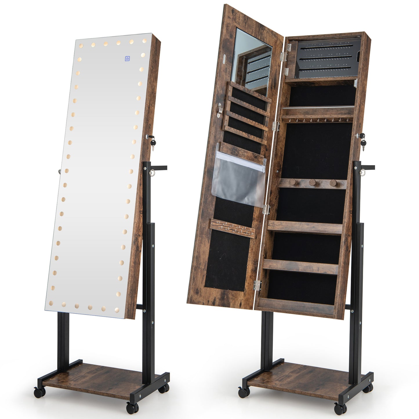 Armoire à bijoux avec miroir LED 46, hauteur réglable, marron