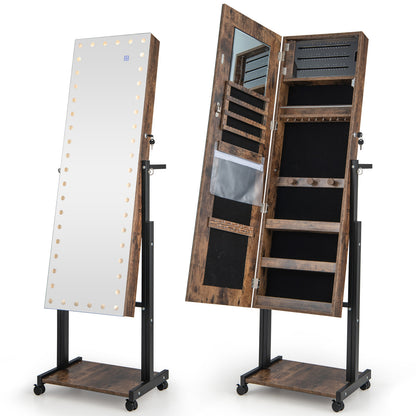 Armoire à bijoux avec miroir LED 46, hauteur réglable, marron
