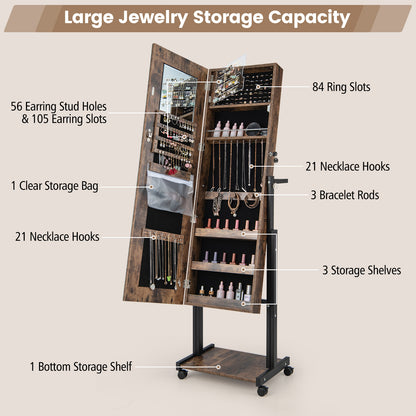 Armoire à bijoux avec miroir LED 46, hauteur réglable, marron