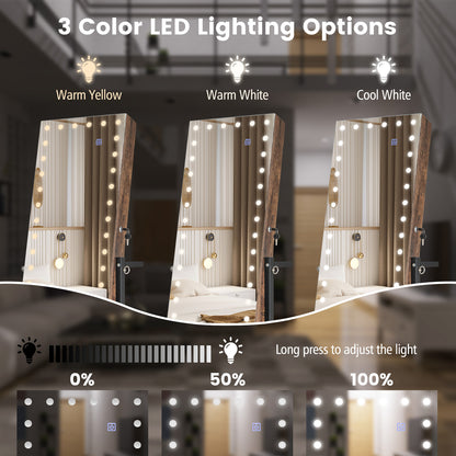 Armoire à bijoux avec miroir LED 46, hauteur réglable, marron