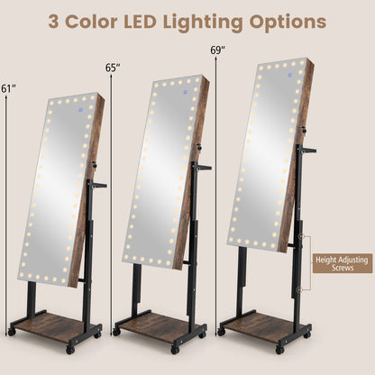 Armoire à bijoux avec miroir LED 46, hauteur réglable, marron