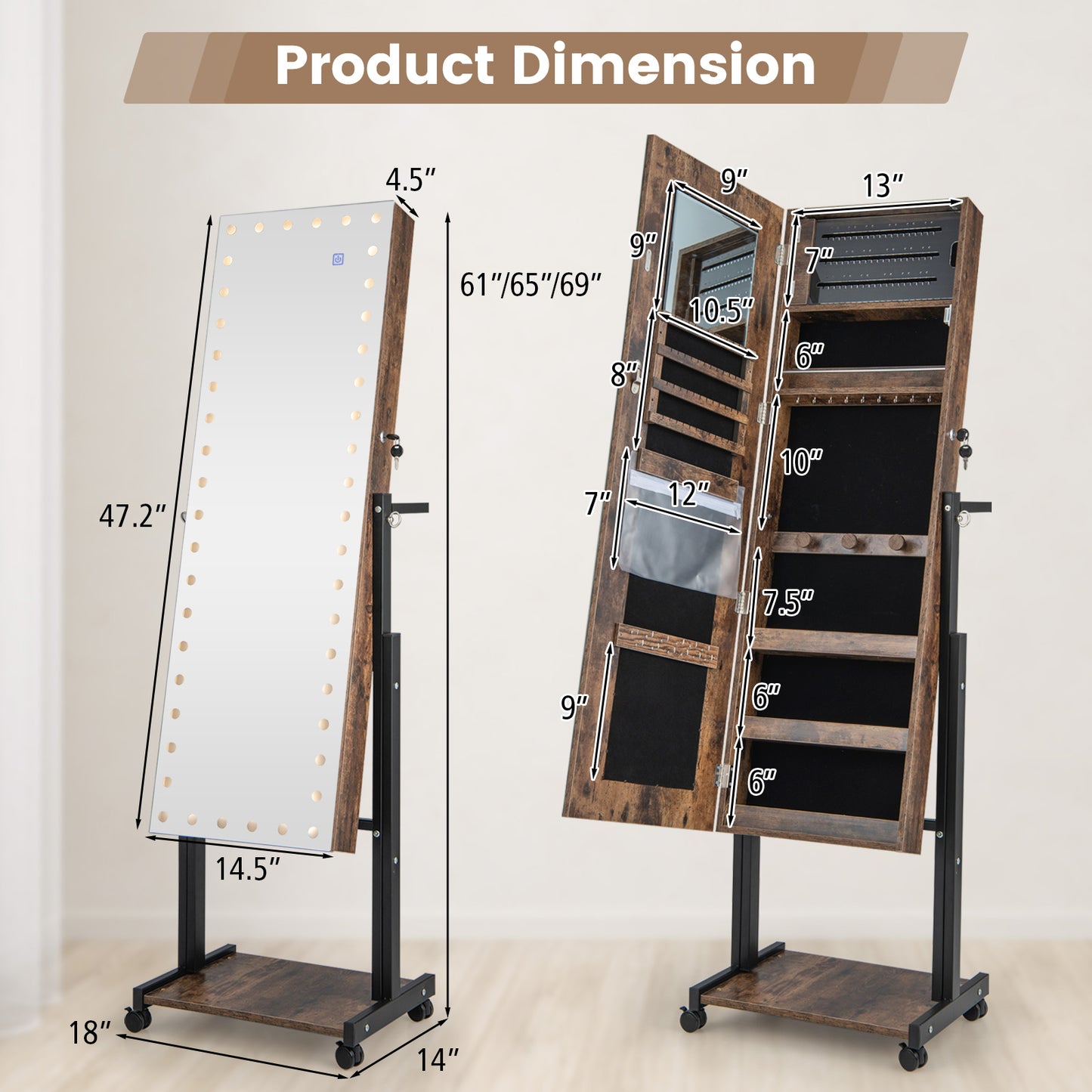 Armoire à bijoux avec miroir LED 46, hauteur réglable, marron
